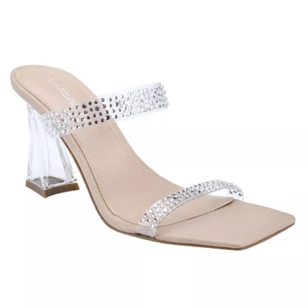 Marc Fisher Arlana Rhinestone Lucite Square Toe Slide Sandal Heels Size 8.5
